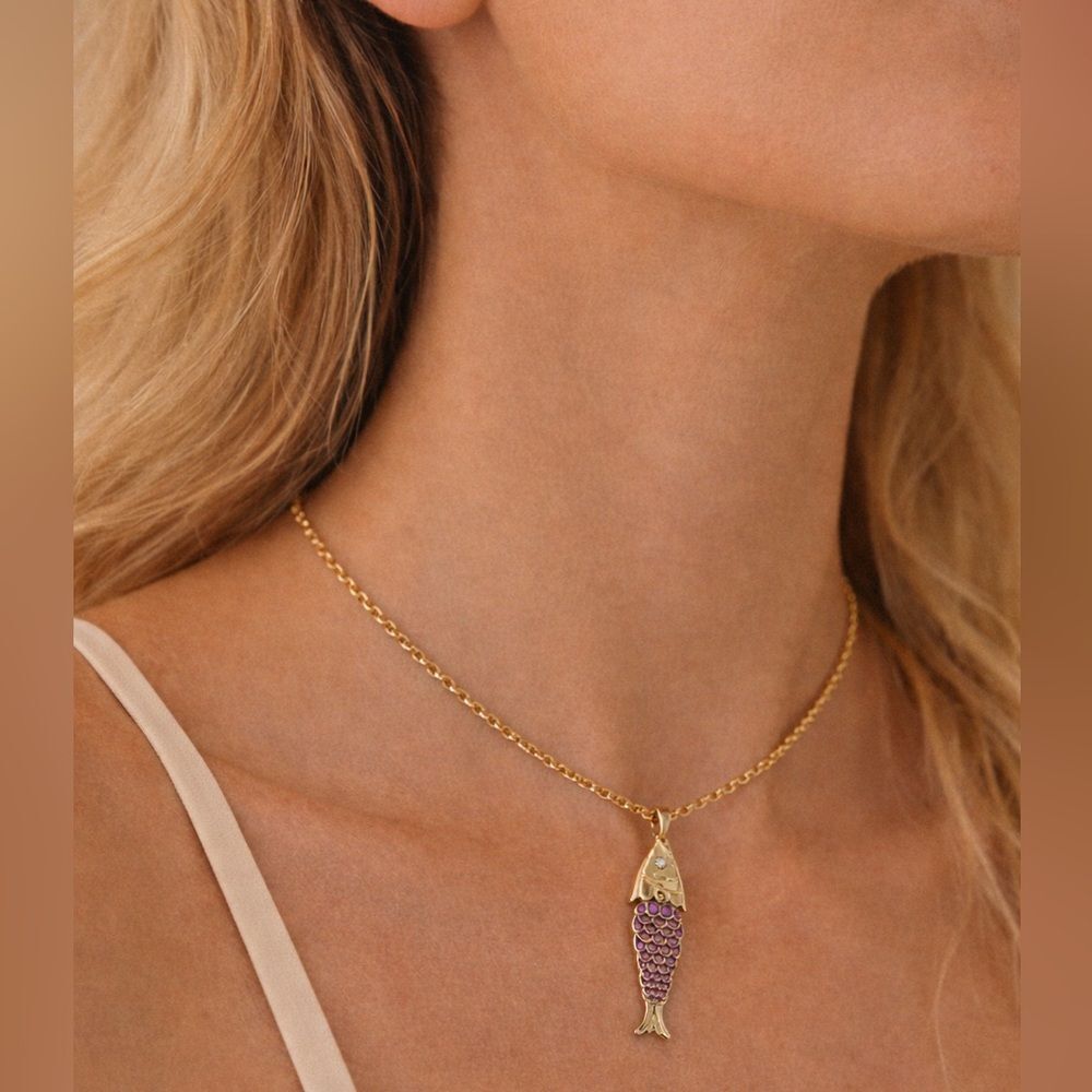 Purple Enamel Fish Pendant necklace M691